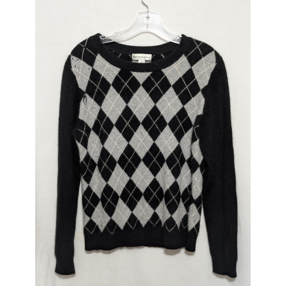 Katherine Kelly Cashmere Sweater Womens L Black Grey Argyle Crew Neck Pullover